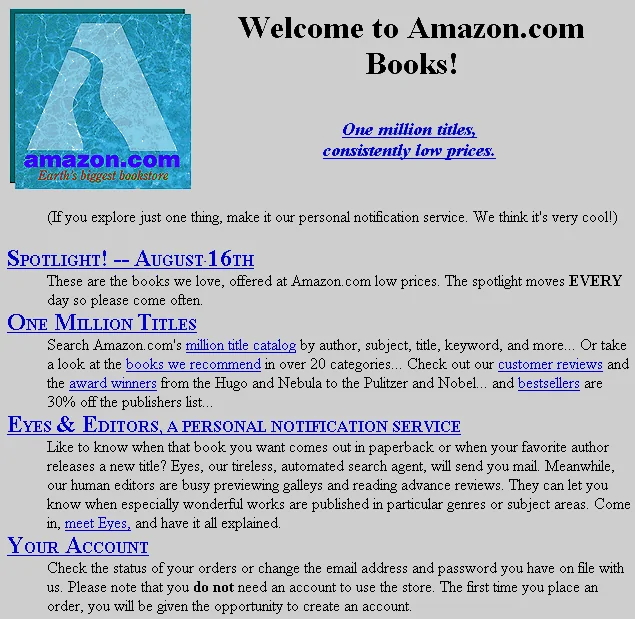 Screenshot of Amazon's original homepage from 1995, showing a simple book catalog