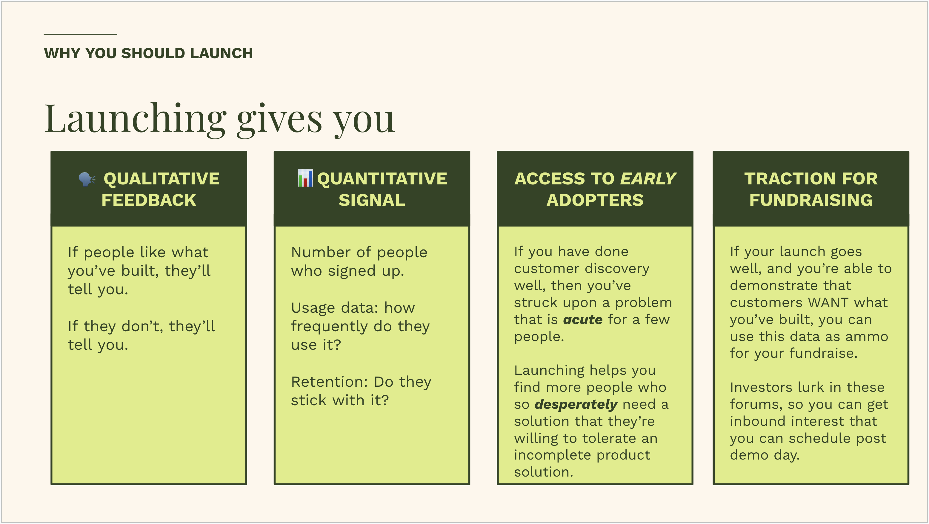 Diagram showing four benefits of launching early: qualitative feedback, quantitative signal, early adopters, and fundraising traction