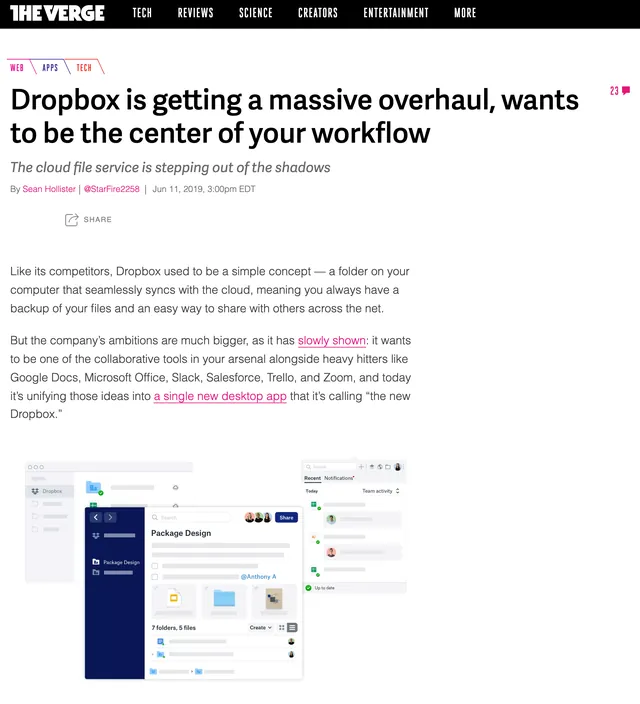The top of the article as first published by The Verge
